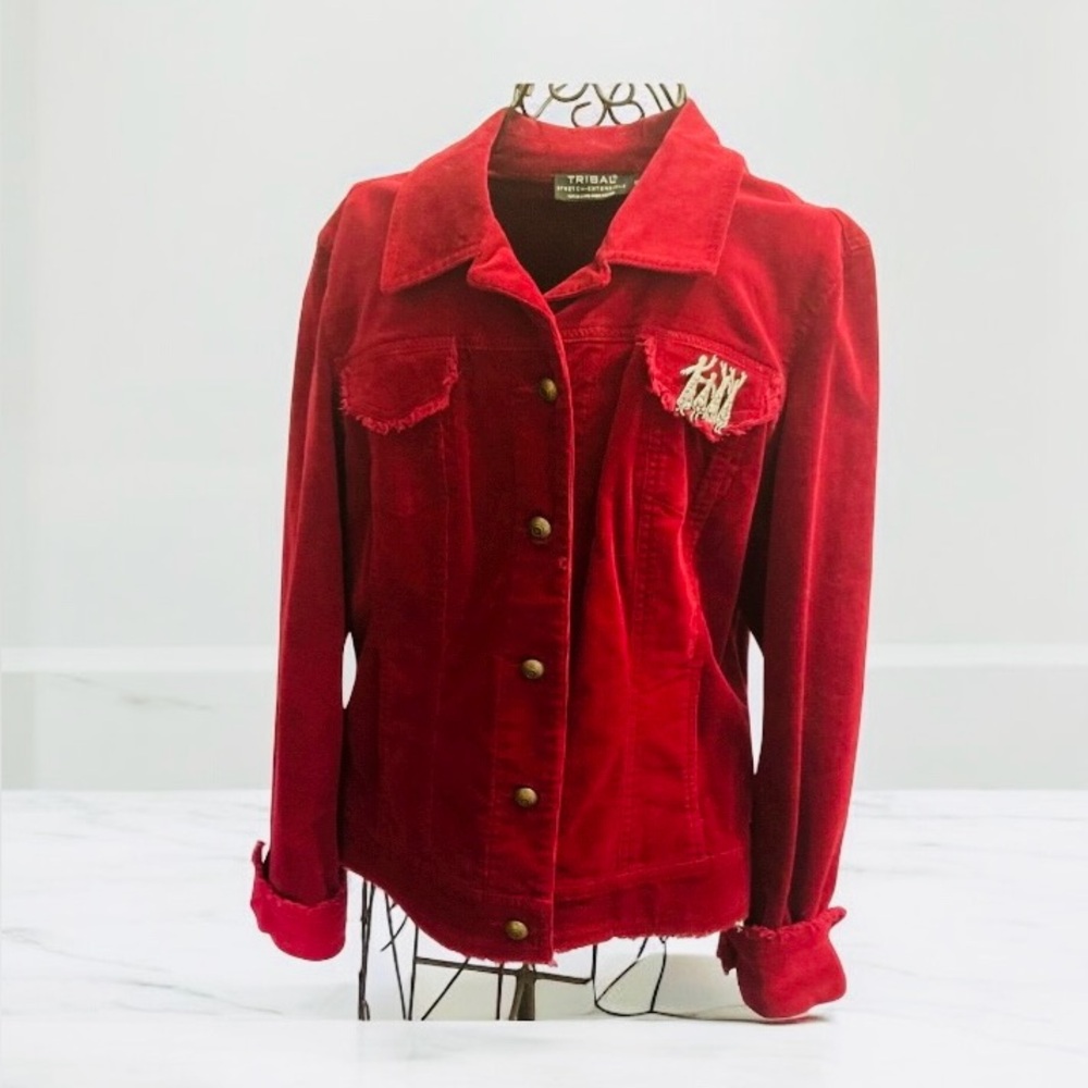 Tribal Corduroy Spandex blend Jacket - Red -Women’s Size 10 with added Brooche